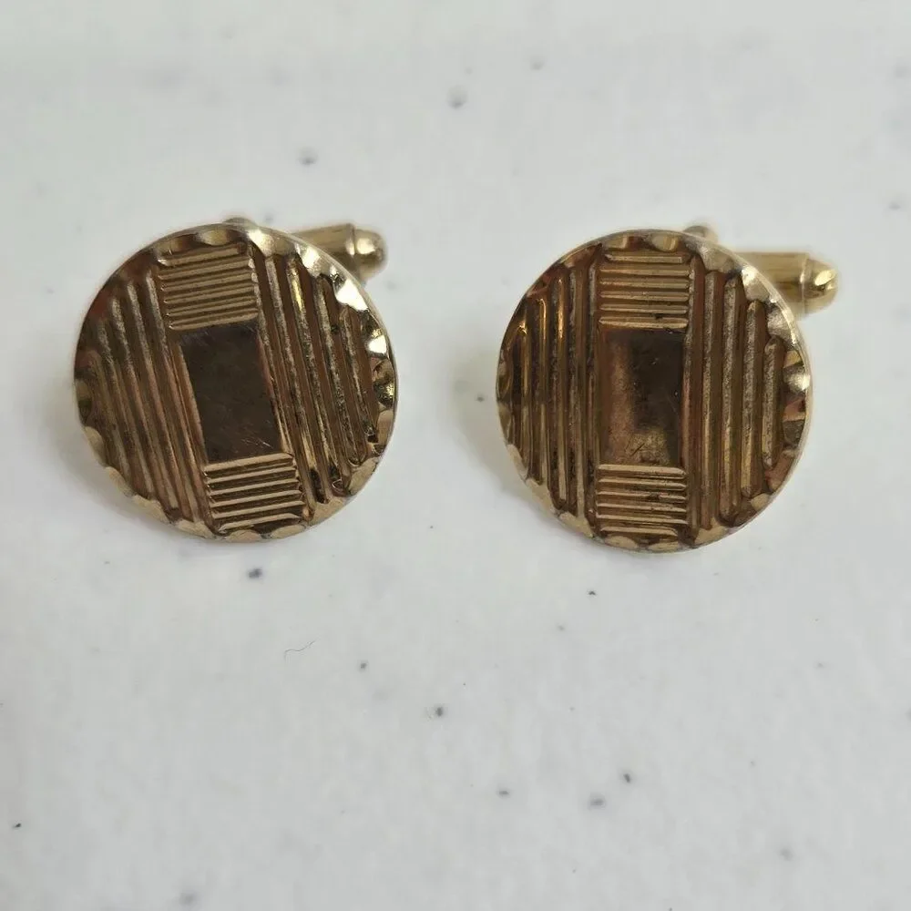 Cufflinks Gold Tone Vintage MCM Geometric Circle Stripe Art Deco Style